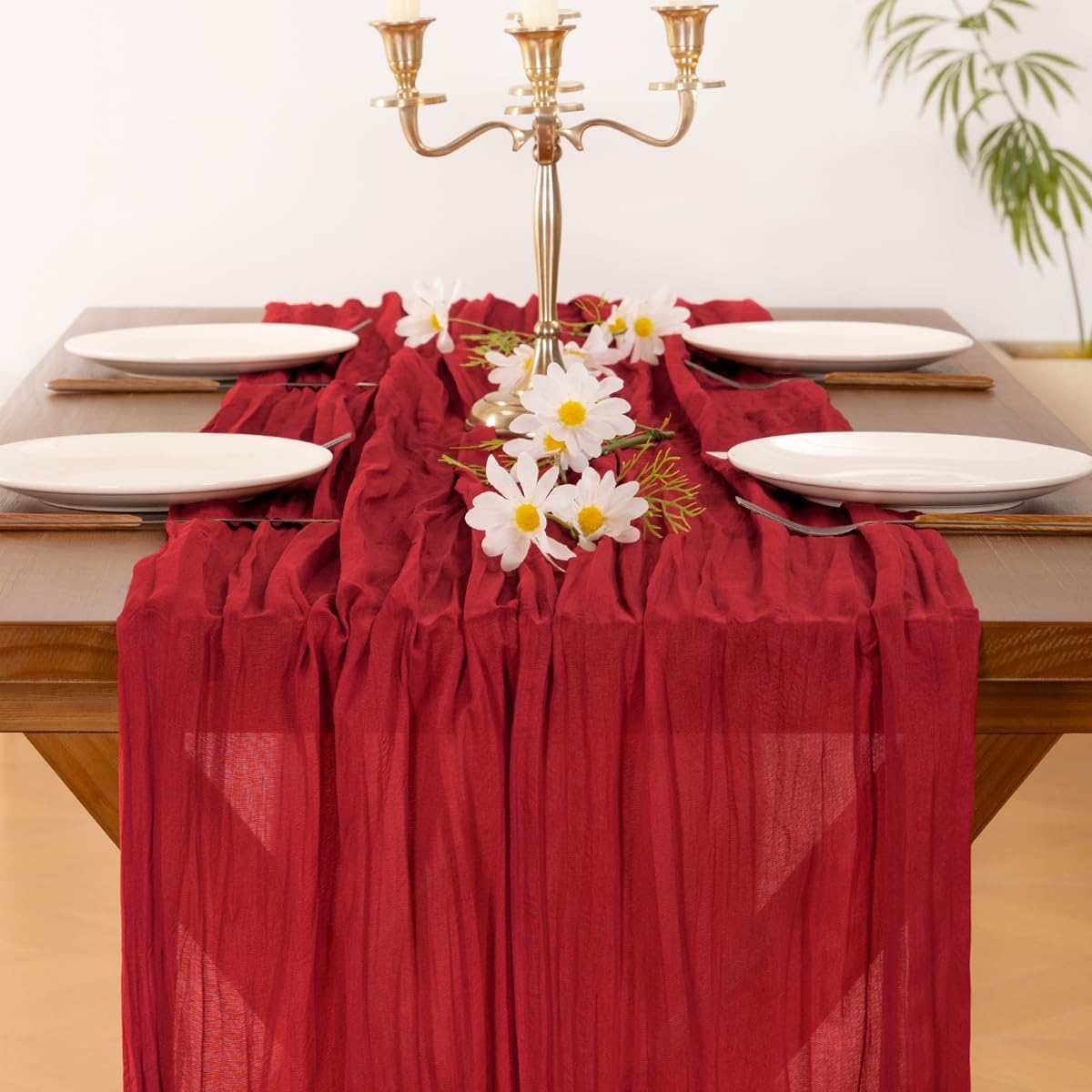 Socomi Red Cheesecloth Table Runner - 120 Inch Boho Rustic Decor for Weddings, Parties & Holidays