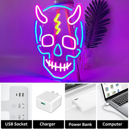 UExnkj-Y Skull Neon Sign Halloween Led Sign Neon Wall Sign USB Powered Led Light Signs for Man Cave Beer Bar Club Game Room Halloween Party Decor Gifts