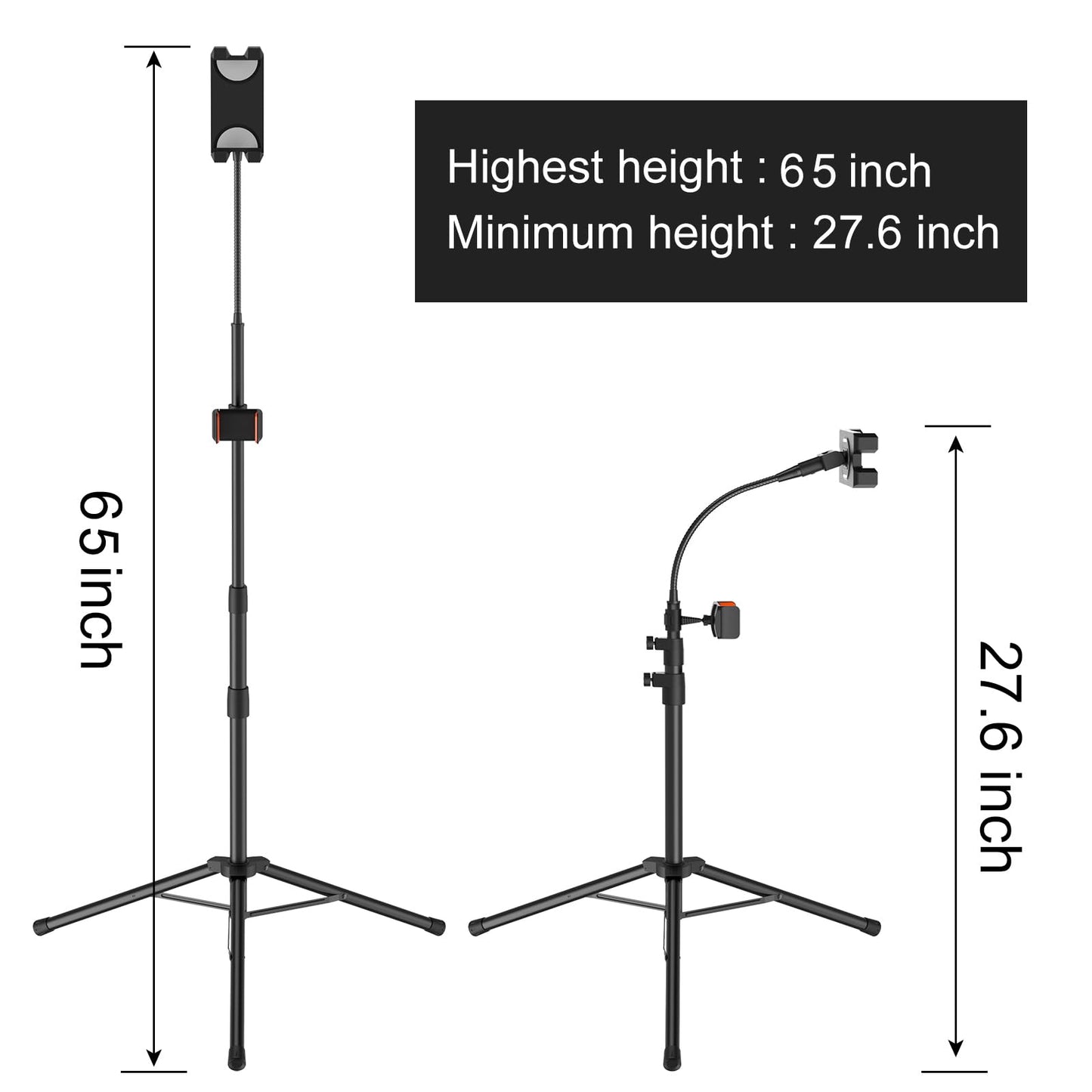 LIUGAST Tripod Stand for Ipad,Gooseneck 65-inch Floor Stand for Tablet,Floor Stand for iPad Tripod with 360° Rotating Mount for Mini, Air, Pro and All 4.7-11.9 Inch Tablet and Phone