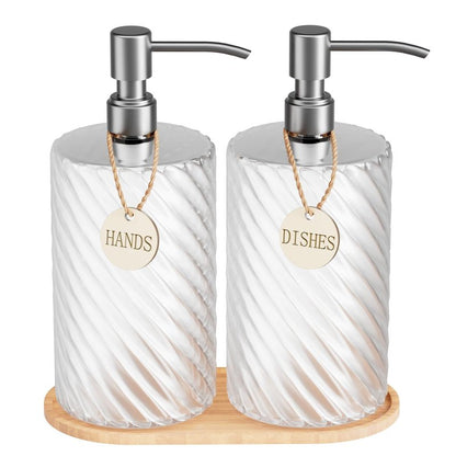 18Oz Spiral Stripe Soap Dispenser Set - Silver Stainless Steel Pump with Wood Tray, Refillable for Kitchen Sink & Bathroom Vanity, Dish Liquid & Hand Soap Storage Solution
