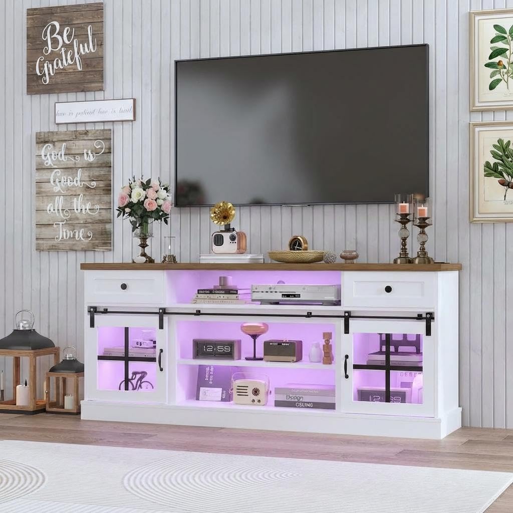 Garvee Farmhouse TV Stand for 80" TVs, Media Console Table with 2 Drawers, Power Outlets, Led Light, Barn Doors, Entertainment Center with Adjustable Shelves for Home Office, 66" w, White+Brown Top