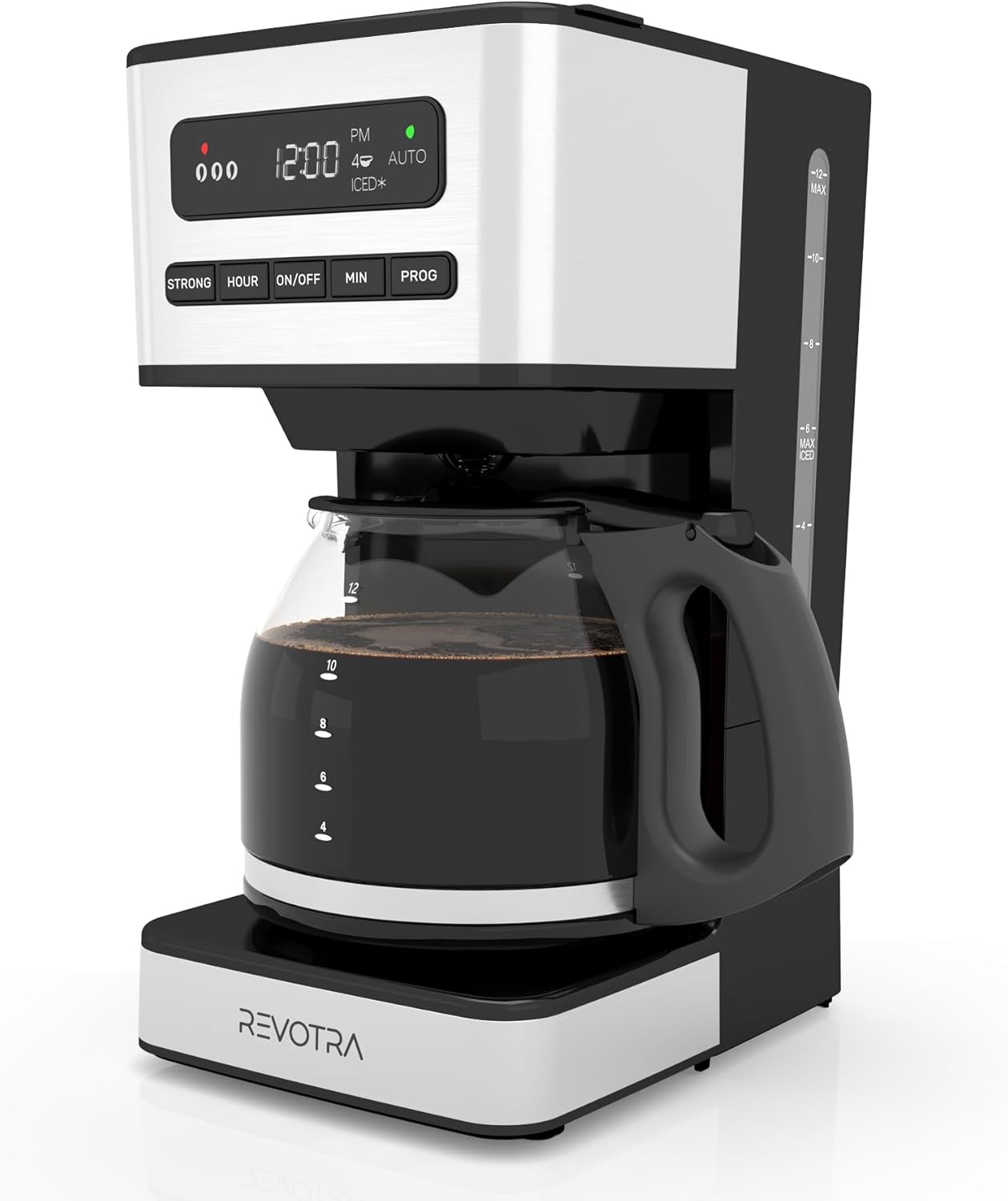 12-Cup Programmable 1-4 Setting, 24H REVOTRA Coffee Maker, Regular & Strong Brew Drip Coffee Machine, Cup and Ice