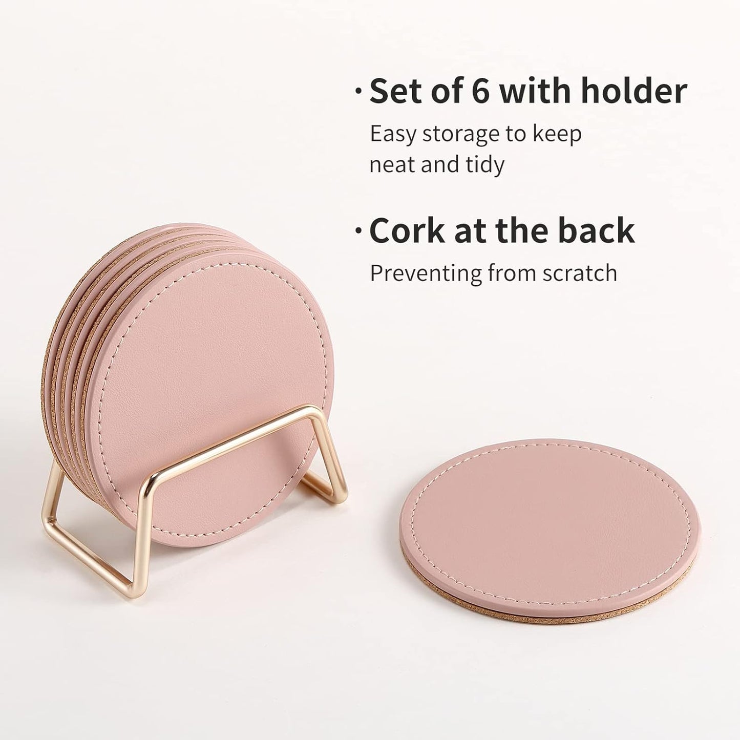 Set 6, Set CASEGRACE Drink Coasters with Metal Holder Stand of PU Leather Absorbent Coasters with Cork Base Table