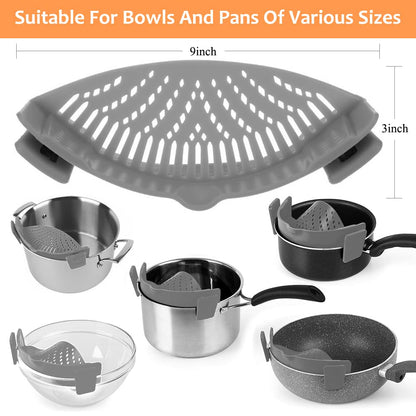 YEVIOR Clip on Strainer for All Pots Pan,Silicone Pasta Strainer Kitchen Gadgets,Collapsible Colander for Noodle,Vegetables,Fruit,Spaghetti (Grey)