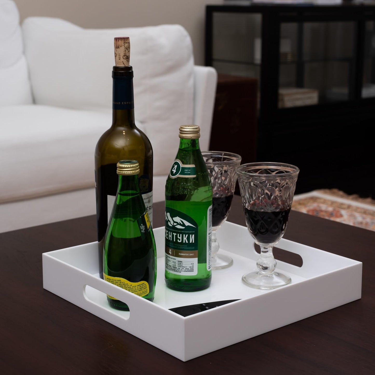 12x12x2H Inches Countertop, Glossy White Acrylic Serving Tray with Handles, - Spill Proof, Decorative Trays for Ottoman
