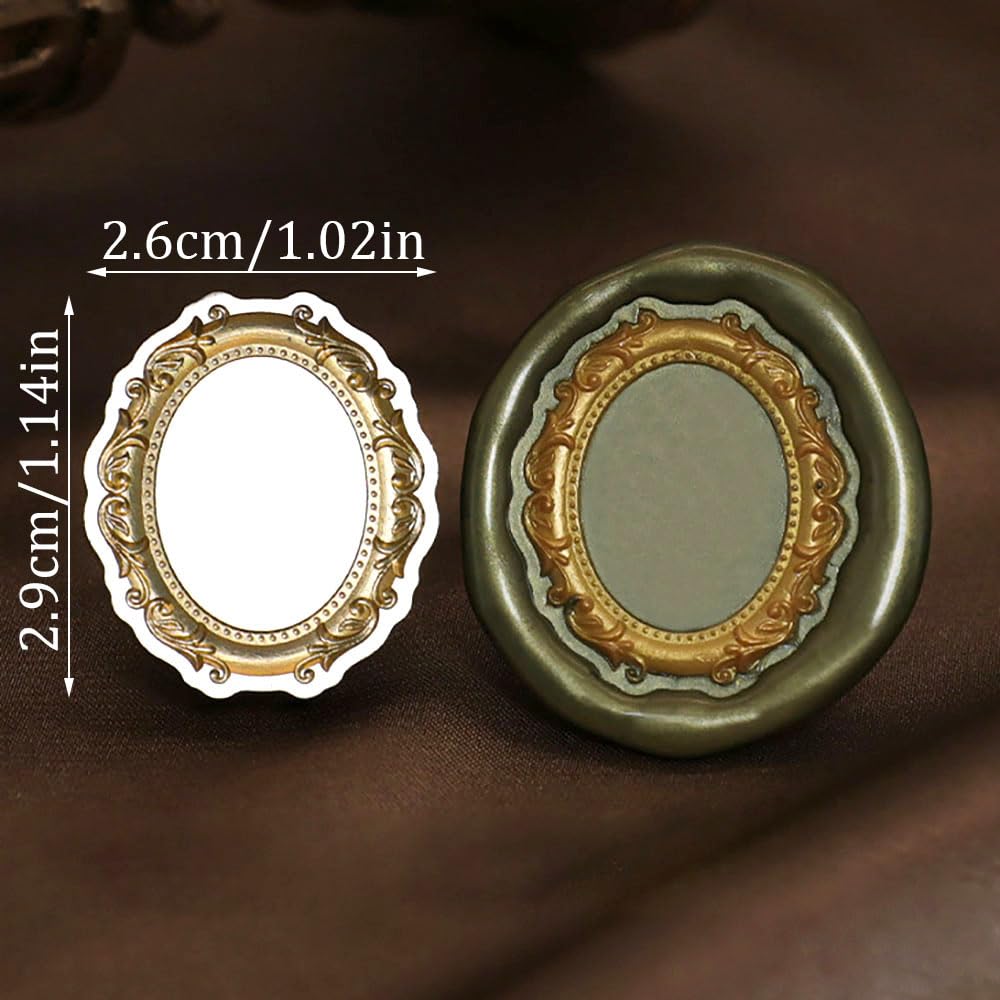 1PCS Wax Seal Stamp Head 1PCS Removable Wooden Handle,3D Embossed Oval Vintage Texture Brass Head Wax Stamp Retro Photo Frame Wax Seal Stamp Kit for Cards Envelopes Wedding Invitations Scrapbooking
