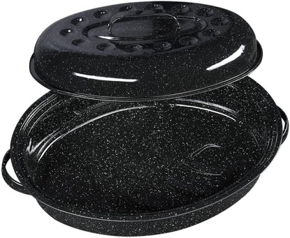 Granite Ware 15-Inch Covered Oval Roaster, 10 Lb Capacity, Enamel Steel Cookware, Dishwasher Safe, Speckled Black