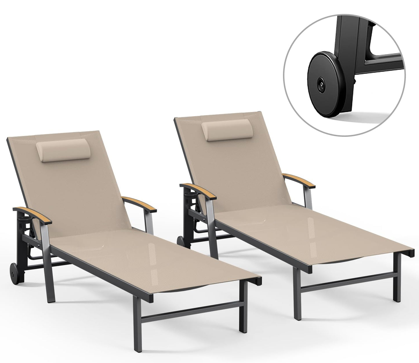 Ciokea Outdoor Lounge Chair with Pillow Set of 2, 5-Position Aluminum Chaise Lounge with Wheels & Armrests, 400 lbs Heavy Duty Patio Pool Chair for Backyard, Deck, Beach & Poolside, Khaki