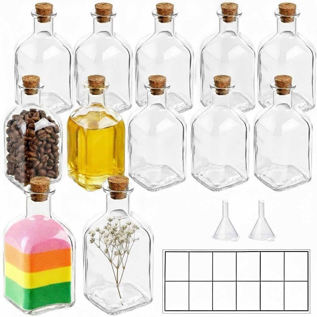 TBWIND 12 Pack 8oz Glass Potion Bottles with Cork, Small Apothecary Bottles, Clear Mini Glass Bottles for Drinks, Crafts, Wedding Favors, Square-Round Glass Jars for DIY Projects & Home Decor