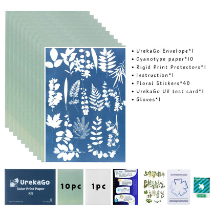 UrekaGo Cyanotype Paper Kit (8" X 10") | 10 Pre-Coated Sheets, 40 Floral Stickers, UV Index Card, Hard Clear Case, Glove, Cartoon Tutorial, Reusable Cardboard Envelope
