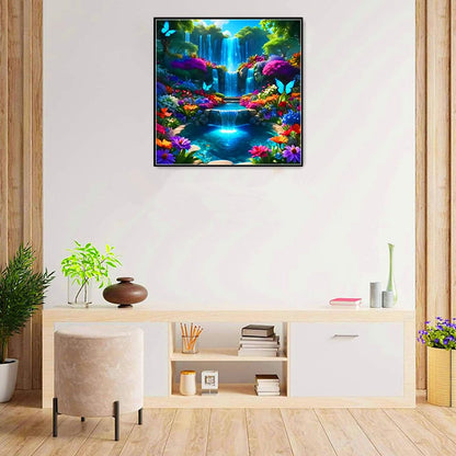 MMAHD 5D Diamond Painting Kit, Enchanted Waterfall Garden with Blue Butterflies, Full Drill Crystal Rhinestone Embroidery Art, Nature Scene (Landscape)