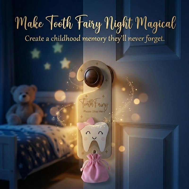 PAMBO Tooth Fairy Door Hanger, Wooden Tooth Fairy Money Holder with Tooth Coins for Lost Tooth Kids Gifts (Pink)
