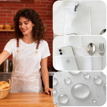 FunFlare 2 Pack Waterproof Translucent Apron with Large Pockets,Cross Back Apron Cooking Apron for Dishwashing, Cleaning Fish, Gardening, Lab Work, Butcher and Dog Grooming(White&Brown)