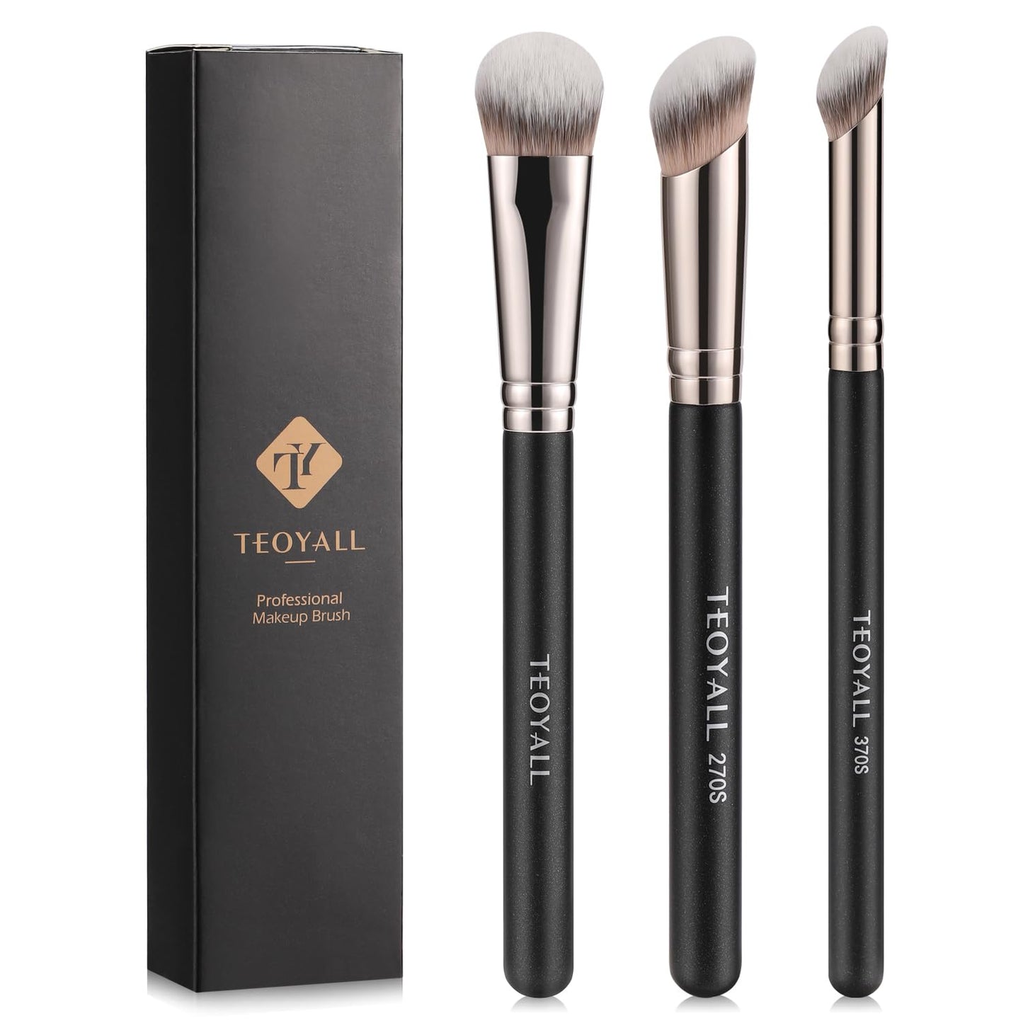 TEOYALL Foundation Contour Conceal Brush Set, 3PCS Angled Synthetic Kabuki Brush for Blending Setting Buffing with Liquid, Cream and Powder Cosmetic (170S/270S/370S)