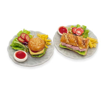 WitnyStore Tiny 1⅜" Hamburger and Sub Sandwich Realistic Mini Foods Miniature Hand Made Polymer Clay Food Meal Model Replica On Ceramic Dishes Decorative Figure Collectible Figurine Décor Art Gifts