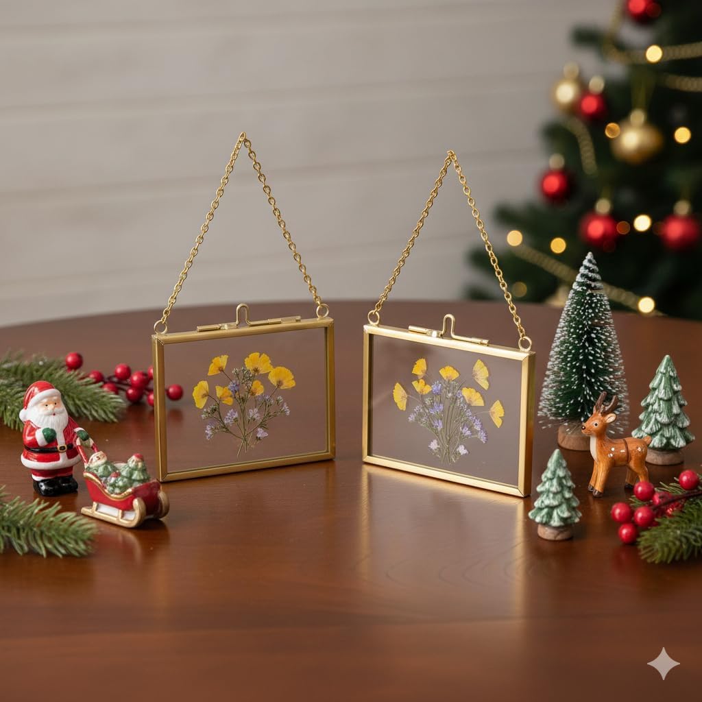 FOCHIER F 4 Pcs Pressed Flower Frame with Tweezers, Wall Hanging Tabletop Display Double Glass Frames with Metal Chain for Pressed Dried Flowers Plants, Horizontal and Vertical Picture Frame,Gold, FRAMES ONLY