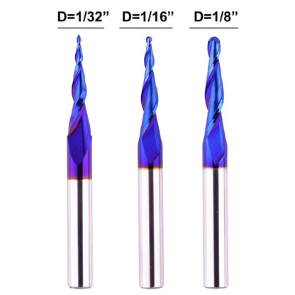 Jiiolioa 3 PCS CNC Router Bits 1/4" Shank 2D&3D Carving Tapered Angle Ball Nose Solid Carbide Spiral End Mill for Wood Carving Engraving