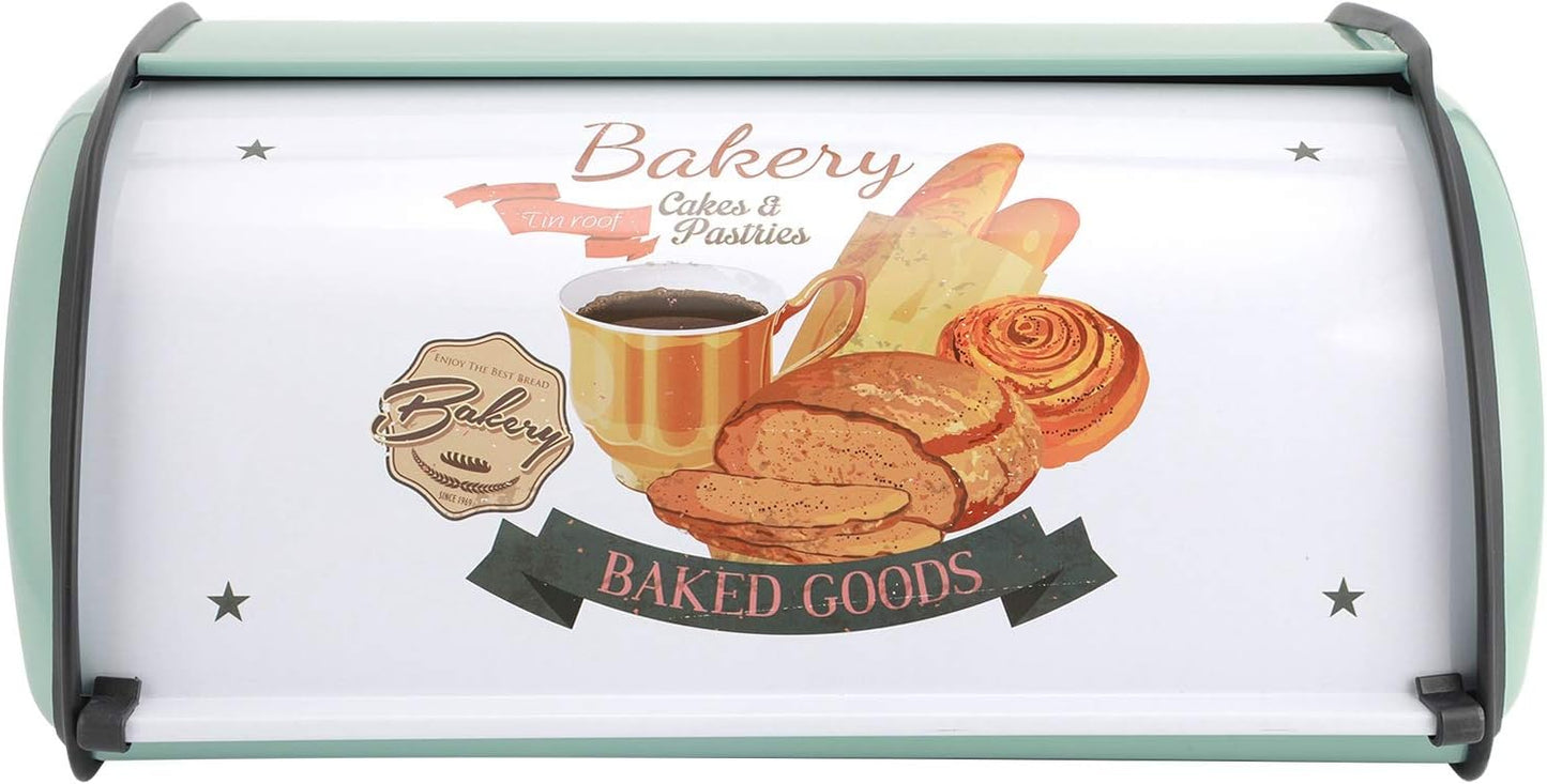 Roll Top Bread Box for Kitchen Counter, Metal Bread Bin Retro Food Storage Container, 13"x9.4"x5.9" (Green)