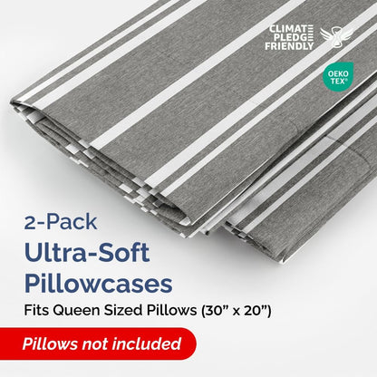 Skiennix Queen Pillow Cases Set of 2 - Ultra Soft Hotel Quality - Wrinkle Free & Fade Resistant - Grey Stripes