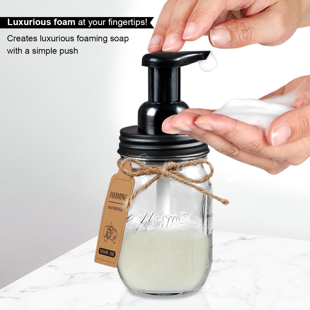 SheeChung Bathroom Accessories Set - Mason Jar Foaming Hand Soap Dispenser, Qtip Holder Set, Rustic Farmhouse Decor, Apothecary Jars, Bathroom Countertop Organizer - Black