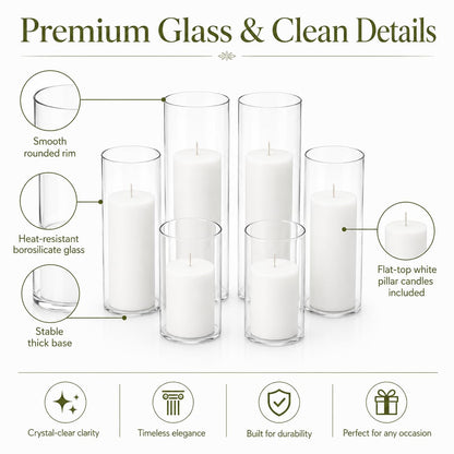 Set of 6 White Pillar Candles with Clear Glass Hurricane Holders- Elegant Cylinder Candle Vases for Weddings, Parties, Centerpieces, Home & Office Decor (White, 6 Set)