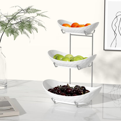 Acliys Fruit Bowl, 3 Tier Ceramic Fruit Basket, 3 Tier Serving Stand Serving Bowl with Metal Rack, Porcelain Kitchen Bowls for Fruit Vegetable Snack Nuts Dessert Cake Tray for Party Wedding