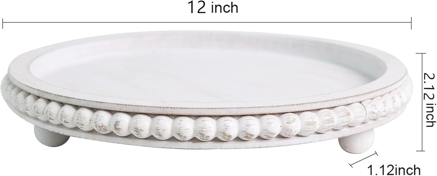 12in HPC Decor Round Wood Tray - White, Distressed, Farmhouse Rustic - Decorative Tray for Living Room, Coffee Table