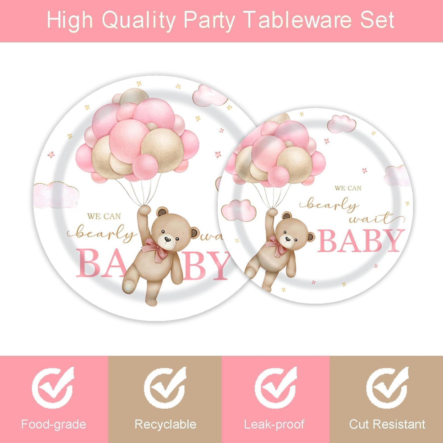 96 Pcs Bear Baby Shower Party Plates and Napkins Set, We Can Bearly Wait Party Decorations Supplies Brown Coffee Pink Tableware for Girl Baby Shower Decor, Serves 24