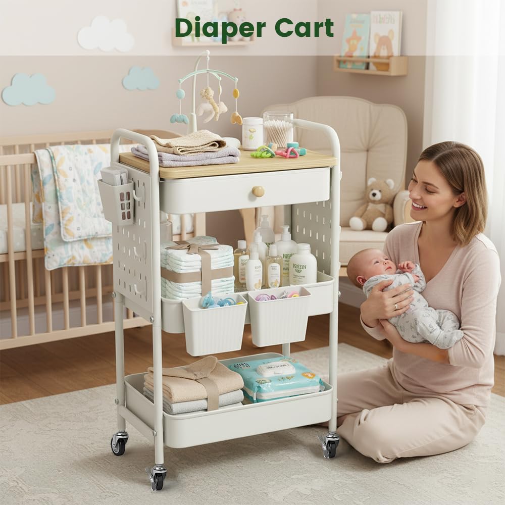 danpinera Rolling Utility Cart with Drawer, 3 Tier Rolling Cart with Wheels, Hooks & Hanging Cups, Craft Cart Art Cart Snack Cart Rolling Storage Cart with Wooden Table Top & DIY Pegboards, White