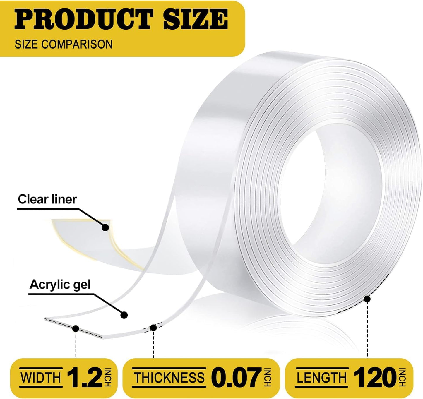 Kelasy Nano Double Sided Tape Heavy Duty,Extra Strong Sticky Double Sided Mounting Tape,1.2" x 120",Clear Adhesive Poster Wall Tape for Decoration