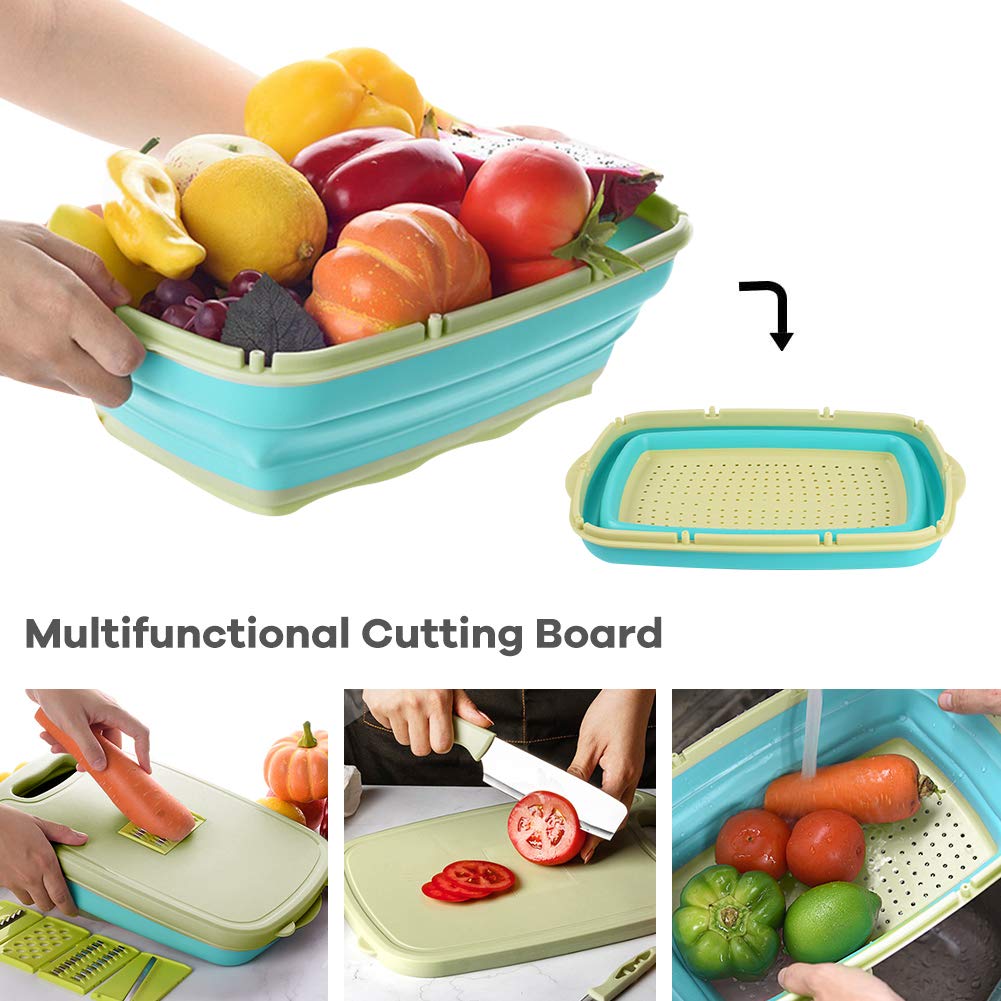 Gintan Camping Cutting Board, 9-in-1 Collapsible Chopping Board with Colander, Kitchen Vegetable Washing Basket for Camping, Camping Gifts Camping Accessories for RV Campers (Blue+Grey)