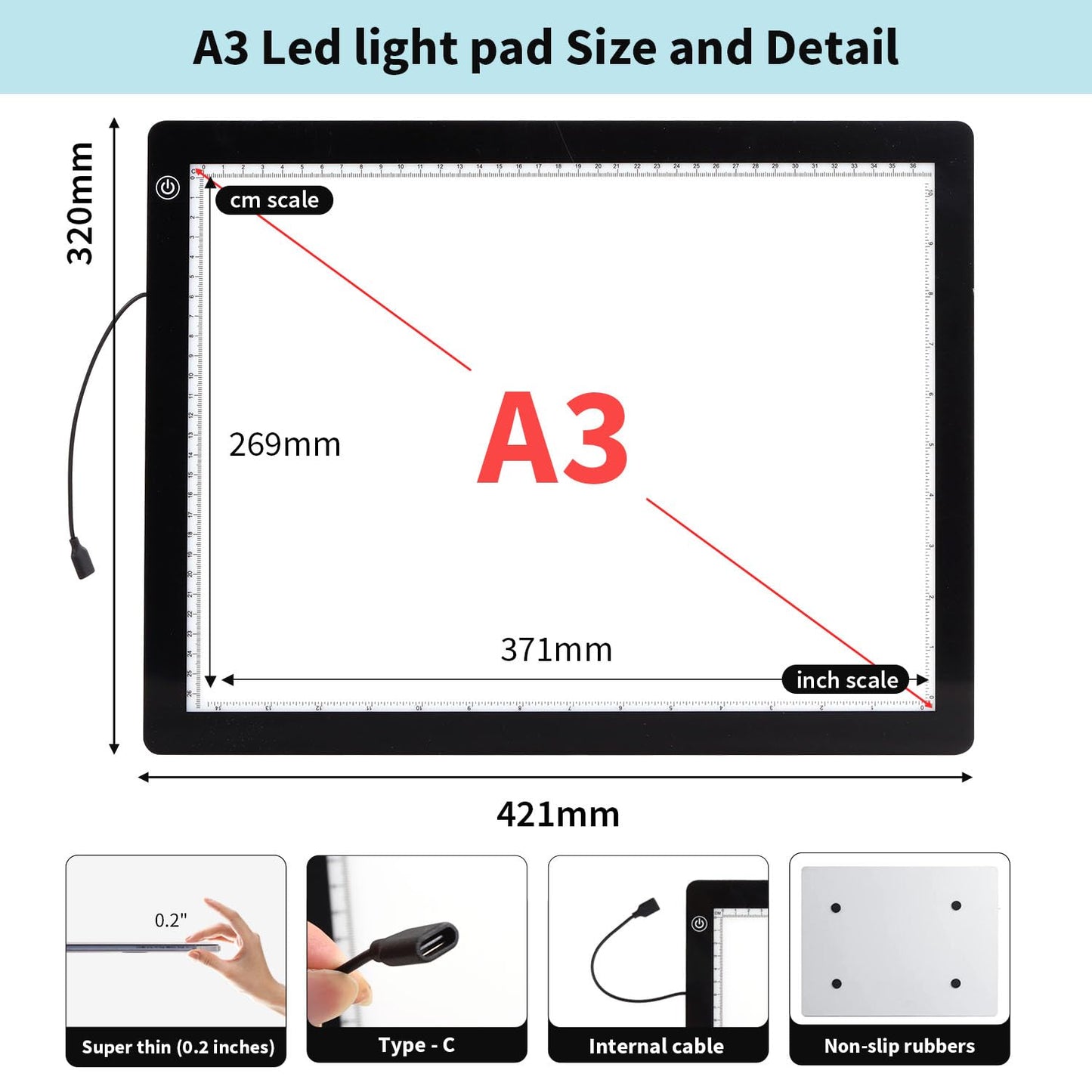 Zocelight A3 Light Pad for Diamond Painting Kit,4800Lux Super Bright 5mm Ultra Thin Diamond Art Light Board with Stand and Clip,3 Levels Dimming Light Box for Artists,Drawing,Sketching,Animation