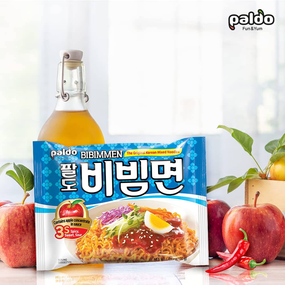 Paldo Fun & Yum Bibim Men Instant Cold Noodles, Pack of 5, Brothless Cold Ramen with Sweet & Spicy Seasoning Sauce, Oriental Style Korean Ramyun, Soupless K-Food, 130g x 5