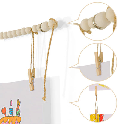 KLOGTSIND Kids Art Display Wall Decor, Wooden Beads Garland Frame Holder with 34 Clips for kids artwork, Photo, Wall Hanging Boho Room Bedroom Decor