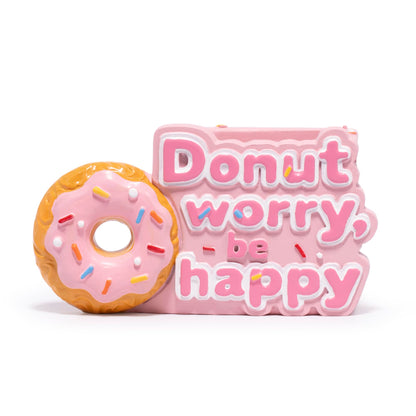 ZAWUU Donut Shaped Organizer - Cute Pink Resin Donut Worry, Be Happy Multi-Use Holder for Pens, Makeup Brushes, Utensils, and More – Perfect Desk or Kitchen Accessory Gift