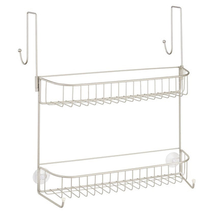mDesign Extra Wide Metal Wire Over the Bathroom Shower Door Caddy, Hanging Storage Organizer with Built-In Hooks and Baskets on 2 Levels for Shampoo, Body Wash, Loofahs, Rust Resistant - Satin