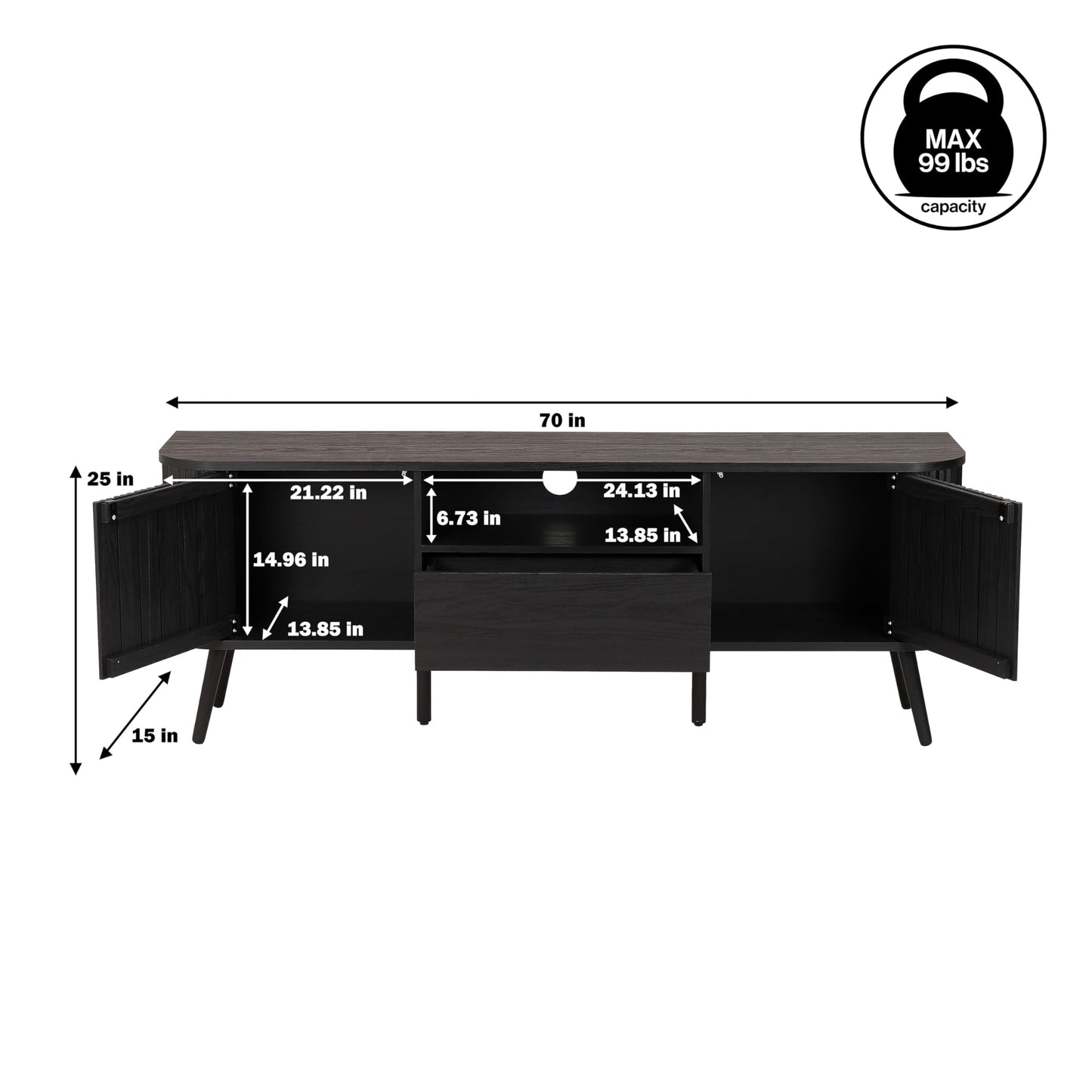 JONATHAN Y Damien 70" Mid-Century Fluted Wood TV Stand for TVs up to 75 Inch, Entertainment Center with Soft-Close Doors and Drawer, Media Console for Living Room, Black TVS1001C