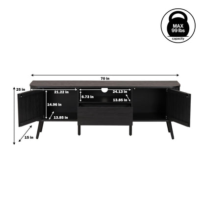 JONATHAN Y Damien 70" Mid-Century Fluted Wood TV Stand for TVs up to 75 Inch, Entertainment Center with Soft-Close Doors and Drawer, Media Console for Living Room, Black TVS1001C