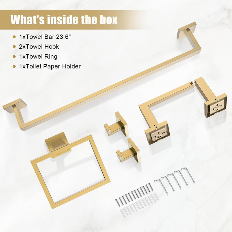 TQKAG Brushed Gold Bathroom Hardware Accessories Set 5 Pieces, Double Post Pivoting Toilet Paper Holder Set Stainless Steel Square Bathroom Towel Bar Holder Set Wall Mounted