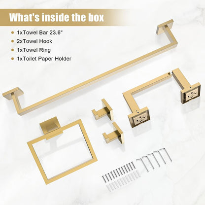 TQKAG Brushed Gold Bathroom Hardware Accessories Set 5 Pieces, Double Post Pivoting Toilet Paper Holder Set Stainless Steel Square Bathroom Towel Bar Holder Set Wall Mounted
