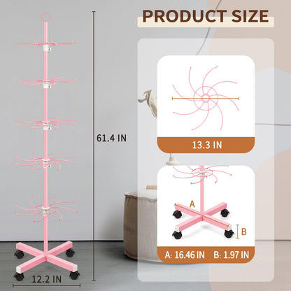 Flenpptly Retail Display Stand, 5-Tier Rotating Display Rack for Store Display, Movable and Adjustable Spinning Display Stand for Earrings, Jewelry, Keychains, Socks Display (Pink)