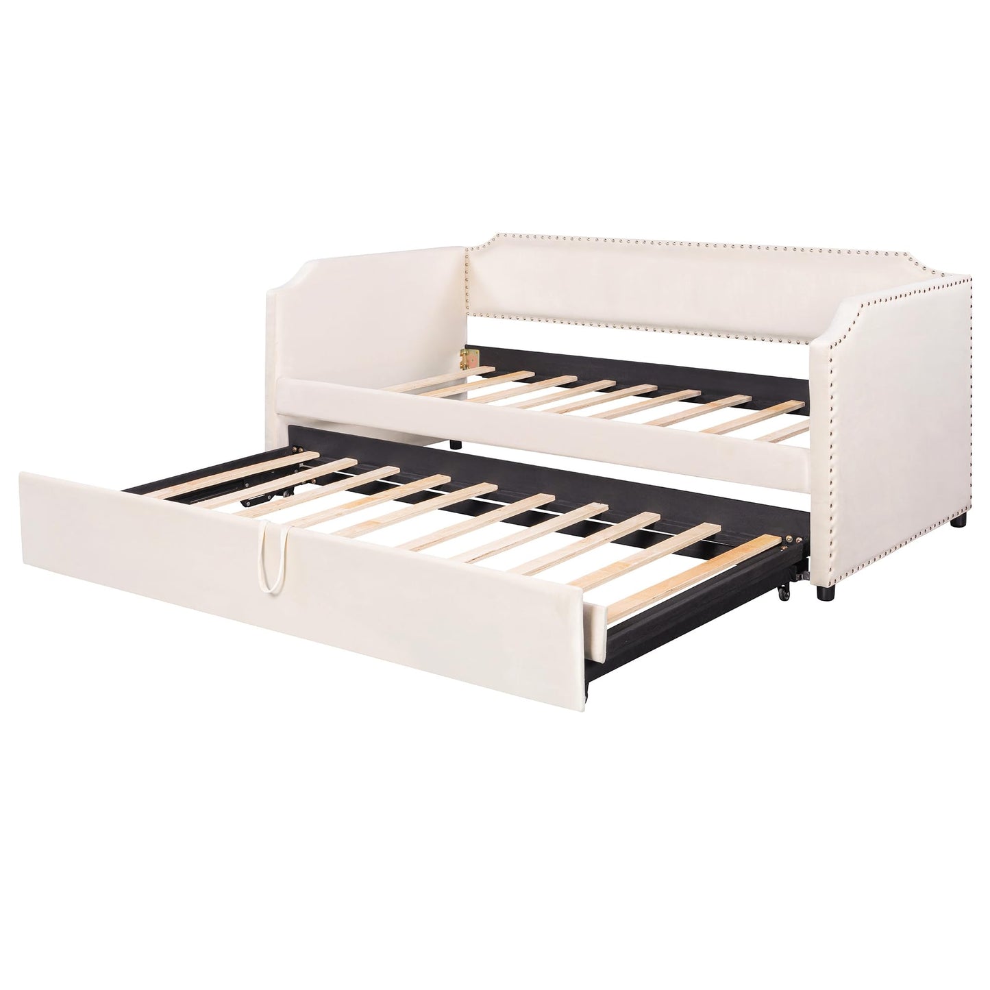 Merax Velvet Upholstered Daybed with Pop Up Trundle Twin to King Desigin, Twin Size Extendable Sofa Bed, Easy Assembly,No Box Spring Needed, Beige