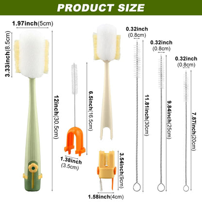 5 in 1 Bottle Cleaning Brush Set, Multifunctional Kitchen Lid Brush Cleaning Tool and Straw Cleaner, Long Handle Bottles Scrubber for Cup Lids, Hard Bristle Sponge Head Bottle Brushes