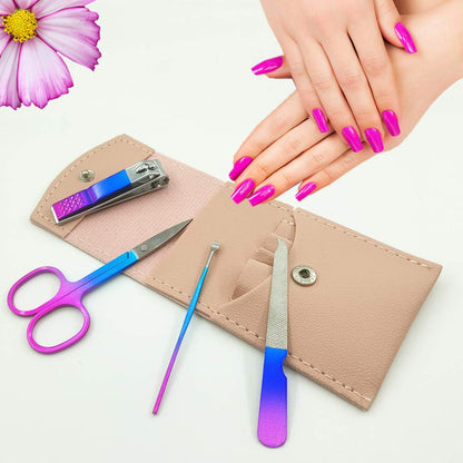 Manicure Set, Professional Women Nail Clippers Kit 4PCS， Stainless Steel Nail Cutter Care Tools Professional Grooming Kits, PU Leather Travel Case （rose gold）