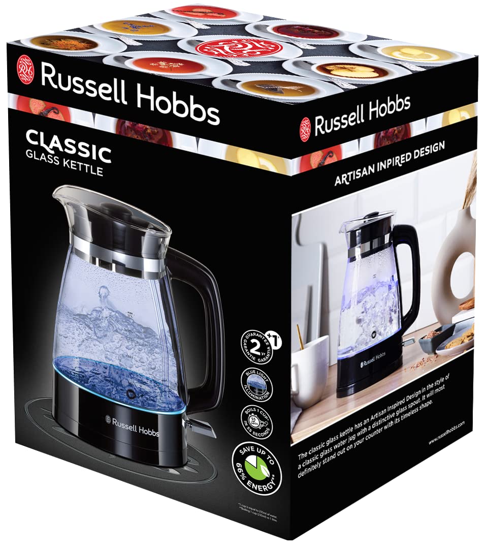 Russell Hobbs Kettle Glass [1.7 L, 2400 W, Optimised Design Spout Made of Glass, LED Lighting] Classic Design (Quick Boil Function, Removable Lid, Limescale Filter, Stainless Steel Base) 26080-70