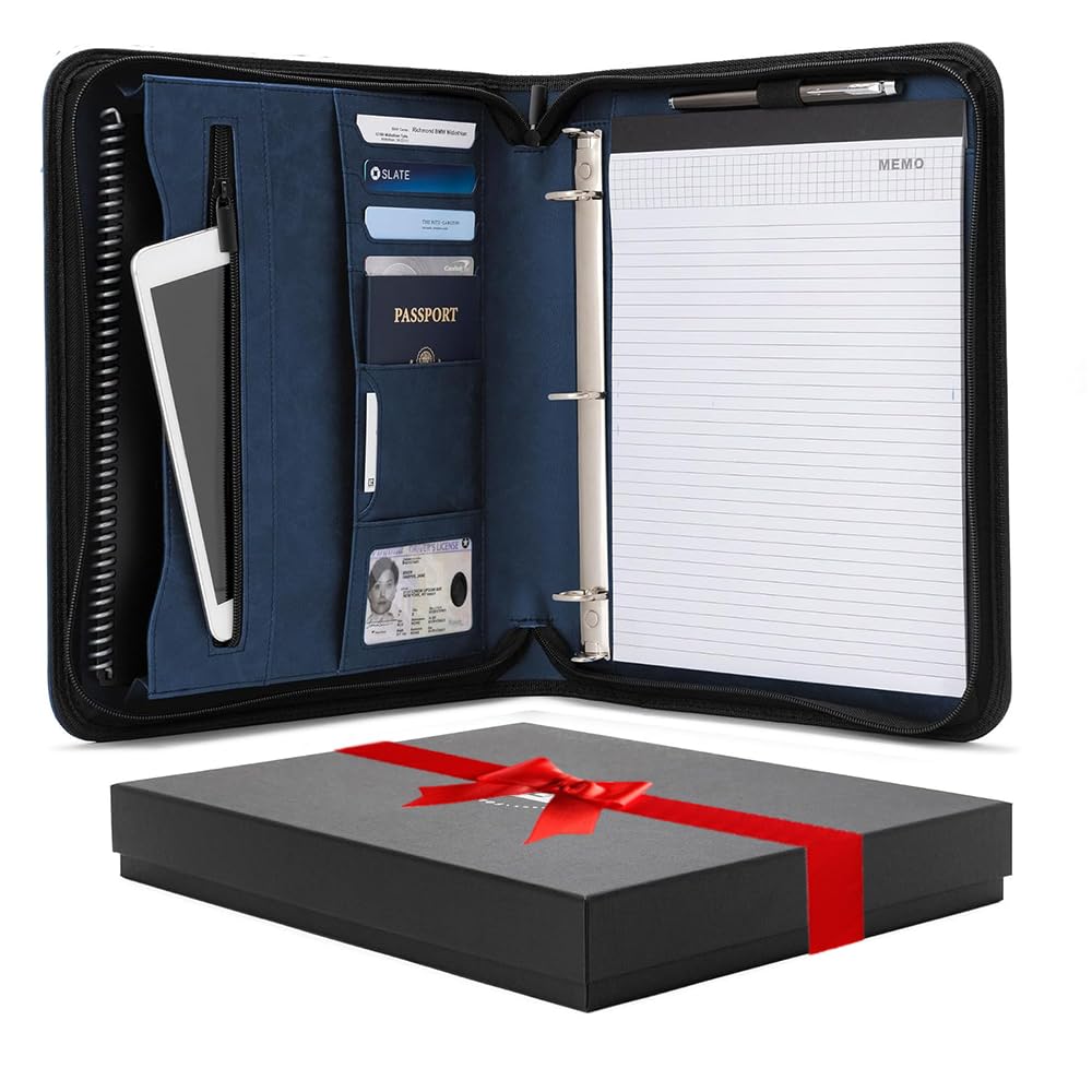 Forevermore Portfolios Padfolio Binder - Professional Faux Leather Travel Organizer Pouch for Tablet, Documents, Presentation Folders, Zipper Closure, Removable 3-Ring Notepad - Blue