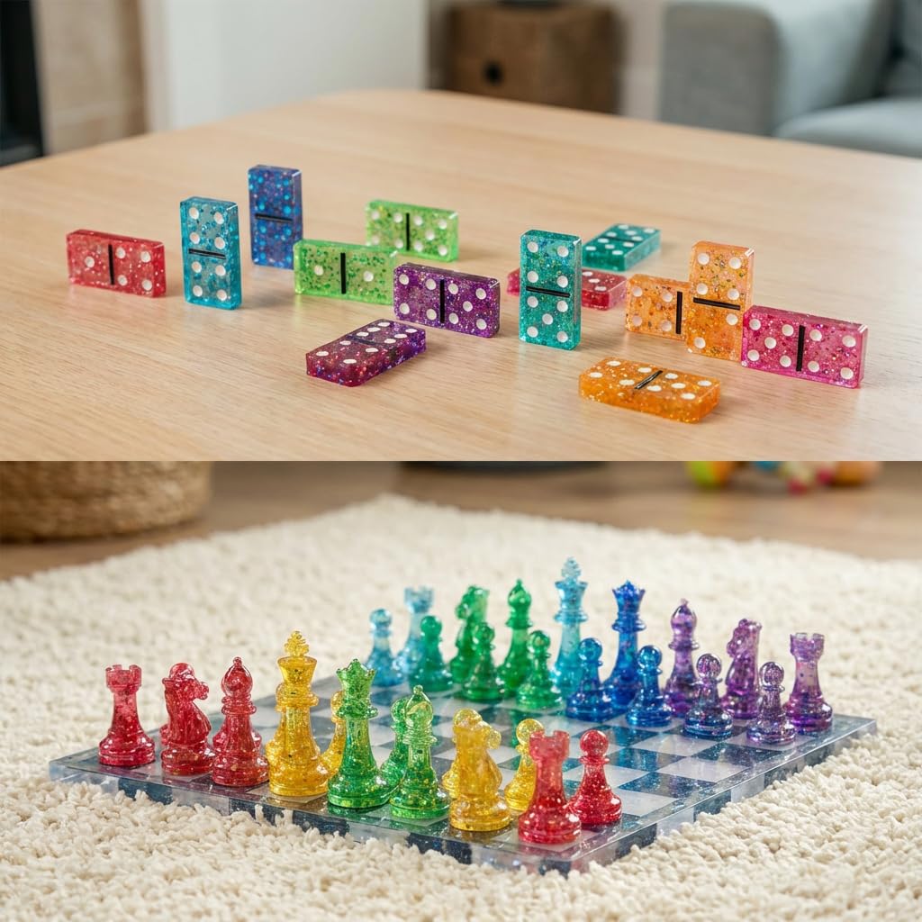 Chess Mold Set, Resiners 3D Silicone Create Chess, Checkers & Dominoes, Epoxy Silicone Resin Molds for Family Party DIY Chess Board Game Gift (Checkers & Chess Board & Domino)