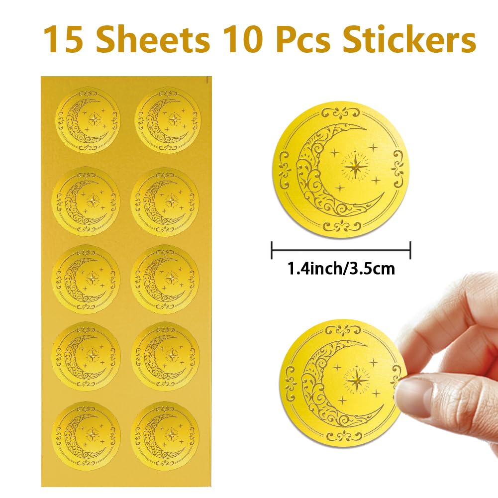 Peacoblue Gold Embossed Sticker Seal 1.4 Inch 150Pcs Moon and Star, Self Adhesive Golden Around Embossing Decals for Party Favors Invitation Envelope Seal Gift Card Certificate Decoration
