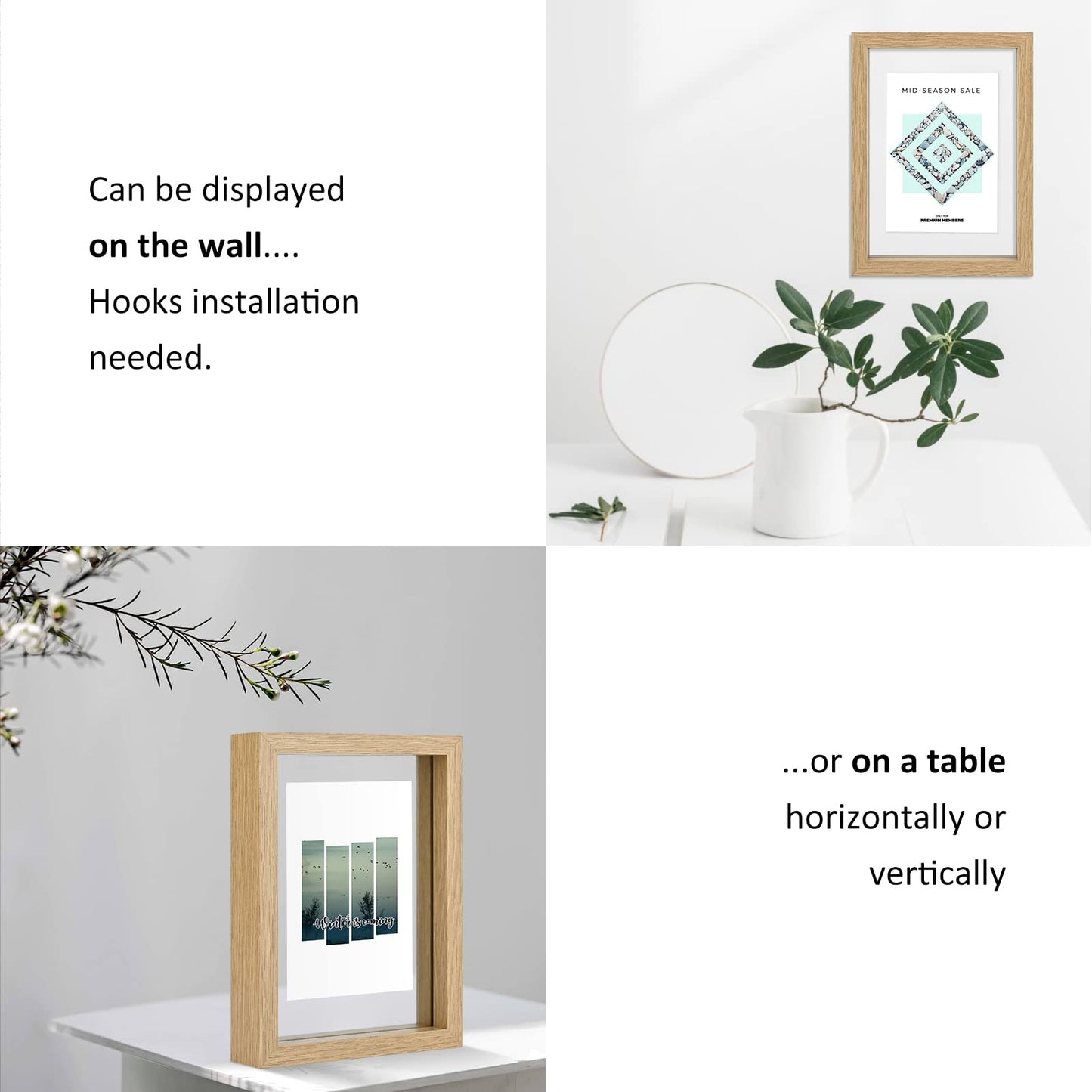 MUYE 5x7 Floating Frame Set of 2,Double Glass Rustic Photo Frame for Wall Hanging or Tabletop Standing,Also Display 4x6 or 3x5 Photo for Floating Effect,Natural