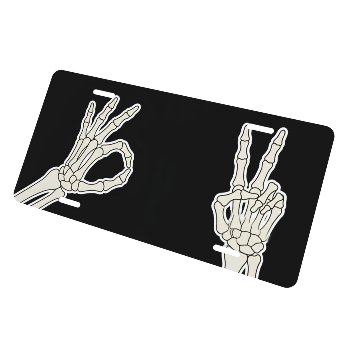 Skeleton Hand Ok and Peace Sign Front License Plate for Women Car Vanity Plates Decorative Aluminum Metal Cute Novelty License Plate Cover for Men 6x12 Inch (4 Holes)